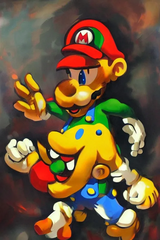 Image similar to abstract figurative rendition of super mario fighting bowser by'phil hale '!!! exaggerated lanky proportions, motion lines,'action lines '!!! graphic style, visible brush strokes, ( ( messy ) ) blurry