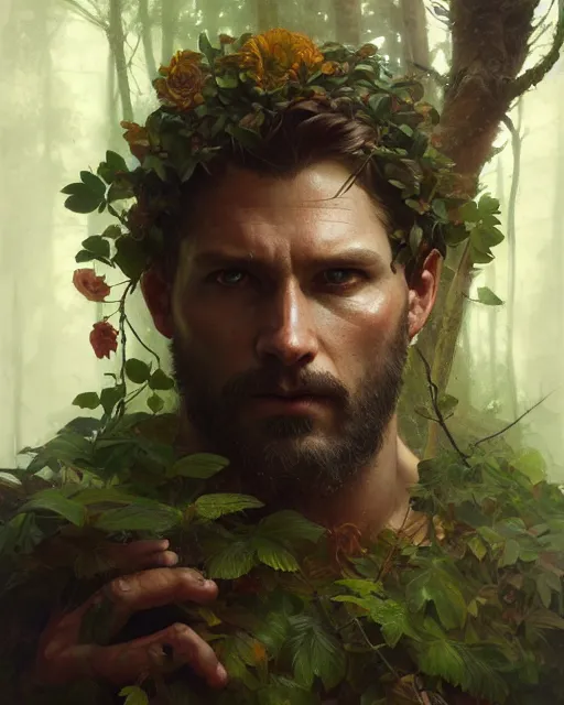 Image similar to god of the forest, 3 0 years old, rugged, male, gorgeous, detailed face, flowers, amazing, muscular, intricate, highly detailed, digital painting, artstation, concept art, sharp focus, illustration, art by greg rutkowski and alphonse mucha