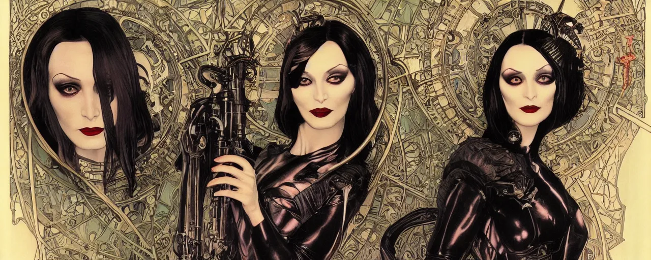 Image similar to beautiful enticing cyberpunk art nouveau style portrait of morticia addams as a gigerpunk rebel soldier by olivia de bernardinis, moebius, chris achilleos and alphonse mucha, photorealism, extremely hyperdetailed, perfect symmetrical facial features, perfect anatomy, ornate declotage, latex, weapon, high technical detail, confident expression, wry smile