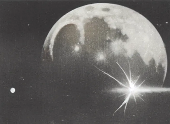 Image similar to vintage film still of the moon exploding over new york city in the 1 9 2 0 s from the old sci - fi movie