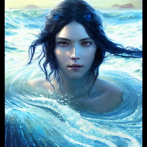 Prompt: beautiful portrait of a mystical long black haired goddess of the sea wearing long blue gold water robes rising up from the deep blue waves, oil painting by Greg Rutkowski and Charlie Bowater and Artgerm, unreal 5, DAZ, RPG Portrait, trending on artstation, dynamic lighting, misty, ocean, blue theme, afternoon light