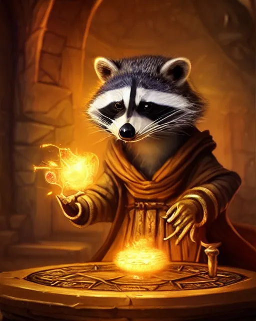 Image similar to closeup 2 8 mm anthropomorphic wizard raccoon casting a spell in a castle, d & d, fantasy, intricate, action pose, particle effects, highly detailed, digital painting, artstation, concept art, matte, sharp focus, volumetric lighting, illustration, hearthstone, art by artgerm, wlop, craig mullins, alphonse mucha