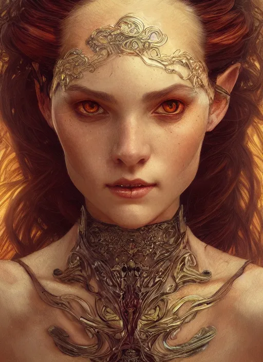 Image similar to portrait of beautiful cute goblin girl, fantasy, D&D, intricate, elegant, highly detailed, digital painting, artstation, concept art, smooth, sharp focus, illustration, art by artgerm and greg rutkowski and alphonse mucha and Gustav Klimt