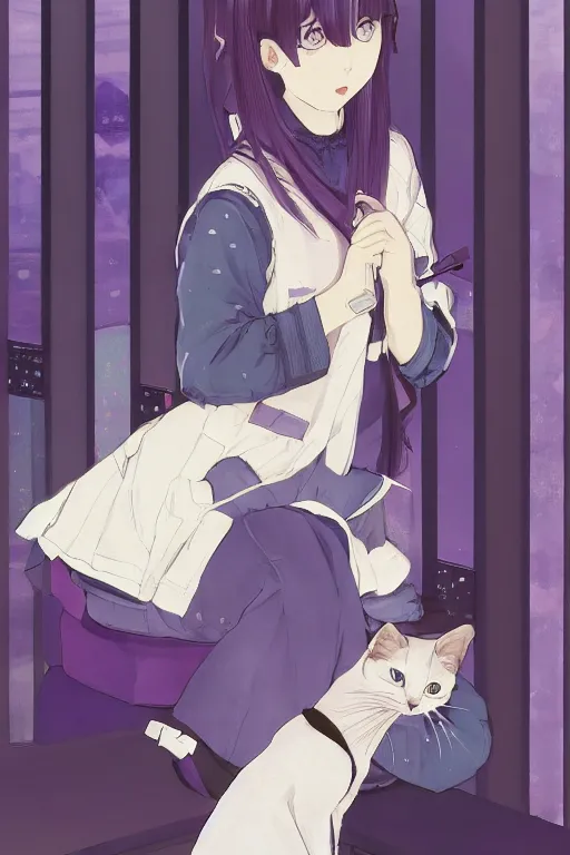 Prompt: a girl playing with a cat A comfortable study room at night,purple and blue theme,geometric shapes,S line,hard edges,jk uniform ,Hairdryer by mucha and krenz cushart and range murata