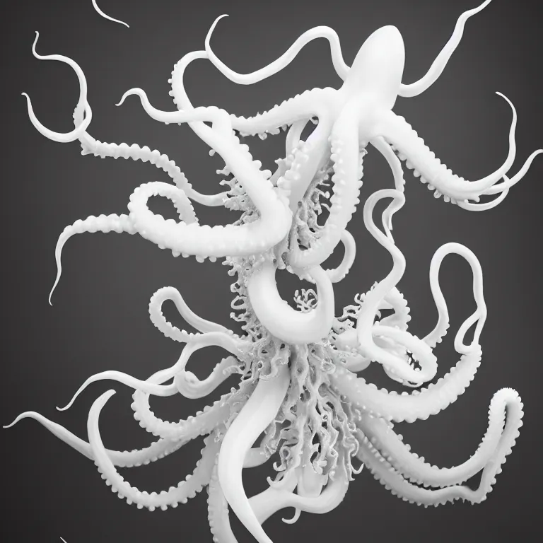 Image similar to still life of white flowers on a table, white alien squid, white octopus, , surreal alien ribbed white fruit, white human spine, baroque painting, beautiful detailed intricate insanely detailed octane render trending on Artstation, 8K artistic photography, photorealistic, chiaroscuro, Raphael, Caravaggio beautiful BW monochrome