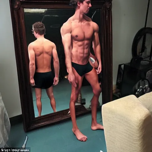 Image similar to a chad posing in front of a mirror, flexing