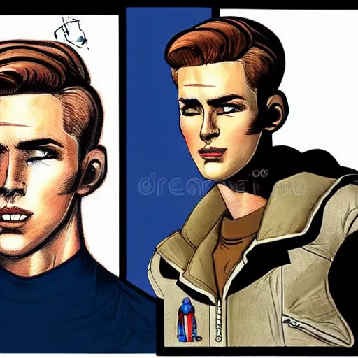 Prompt: character concept art of heroic square - jawed emotionless serious blonde handsome butch princely woman aviator, with very short butch slicked - back hair, wearing brown leather jacket, standing in front of small spacecraft, alien 1 9 7 9, illustration, science fiction, retrofuture, highly detailed, colorful, realistic, graphic, ron cobb, mike mignogna
