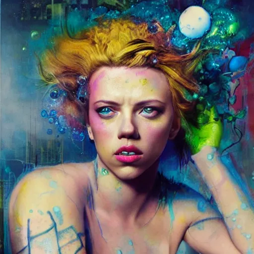 Image similar to drunken scarlett johansson as delirium from sandman, one green eye and one blue eye, hallucinating colorful soap bubbles, by jeremy mann, by sandra chevrier, by dave mckean and richard avedon and maciej kuciara, 1 9 8 0's, punk rock, tank girl, high detailed, 8 k