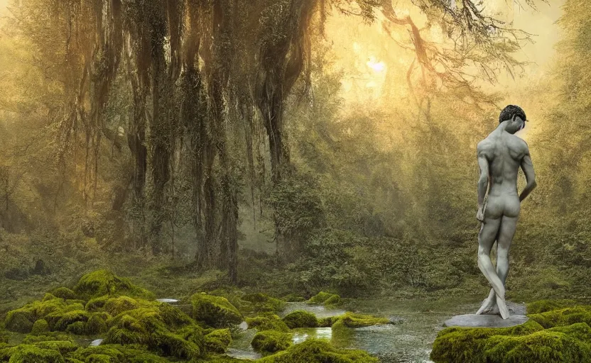 Image similar to a mossy marble statue of Cristiano Ronaldo abandoned in the middle of a forest near a lake at sunset by Greg Rutkowski, concept art, godrays, complementary colors, calm, relaxing, beautiful landscape, highly detailed, high quality, 4k HDR, path tracing, serene landscape, high coherence, soft lighting