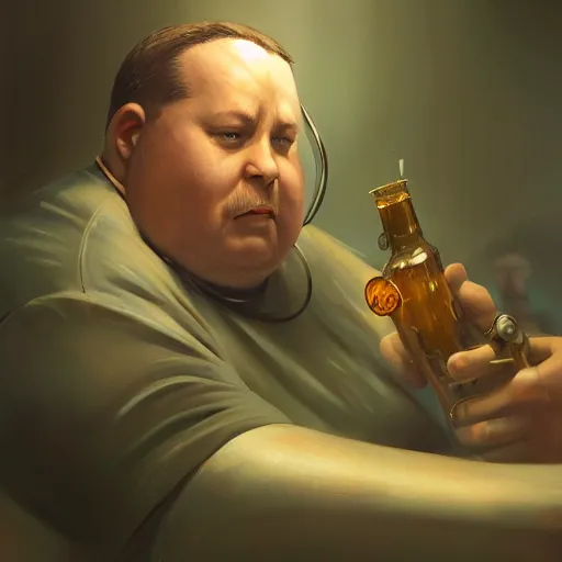 Prompt: closeup portrait of an overweight barkeeper with a prosthetic robot arm, ratz, neuromancer, bar background, painted by greg rutkowski, painted by igor kieryluk, high detail, dramatic light, digital art, trending on artstation