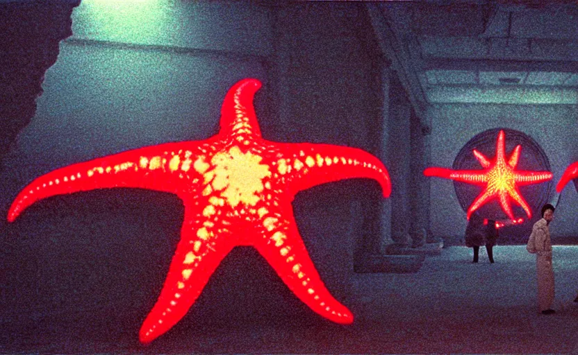 Image similar to light coming out of one starfish - like kaiju anthropomorphic monster, korean film noir by kim jong - il, korean traditional palace, pyongyang city, 1 9 6 0 s, red color bleed, 4 k, video compression, video glitch, monochrome, akira kurosawa, mamoru oshii, wes anderson, stanley kubrick