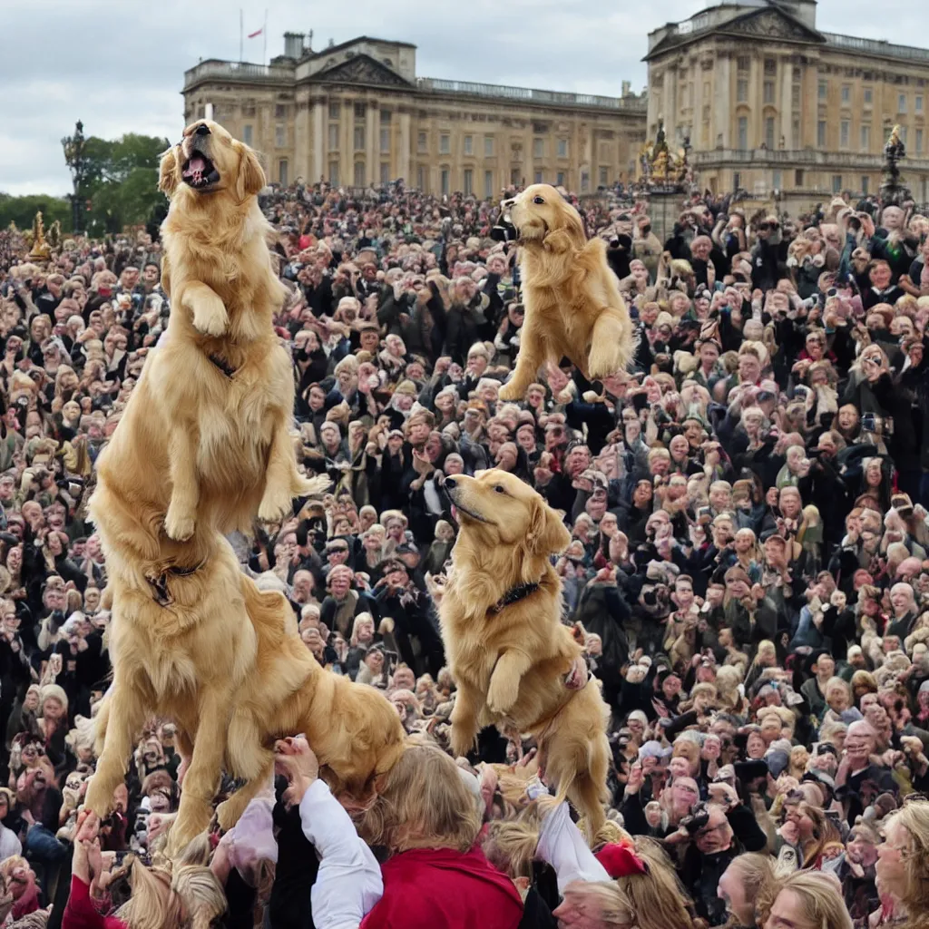 Image similar to national geographic photo of a golden retriever wearing a crown being hailed as the new king of England by a crowd of people at Buckingham palace in the background