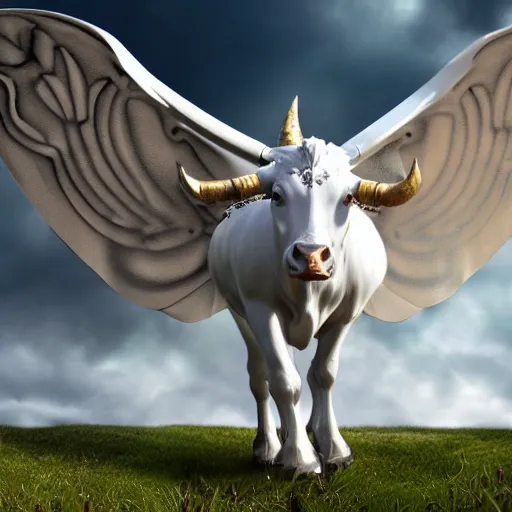 Image similar to white bull with wings, fantasy style