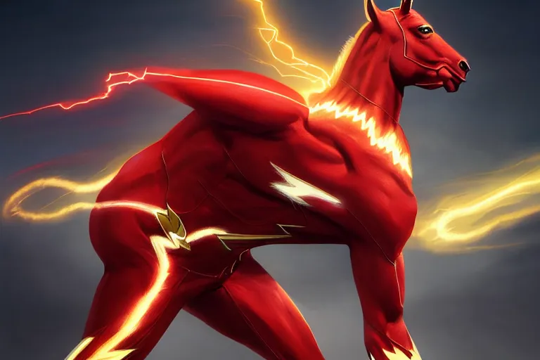 Image similar to a stunning digital painting of a horse as the flash in spandex costume, running in the speedforce by greg rutkowski, volumetric light, digital art, fine detail, photorealistic