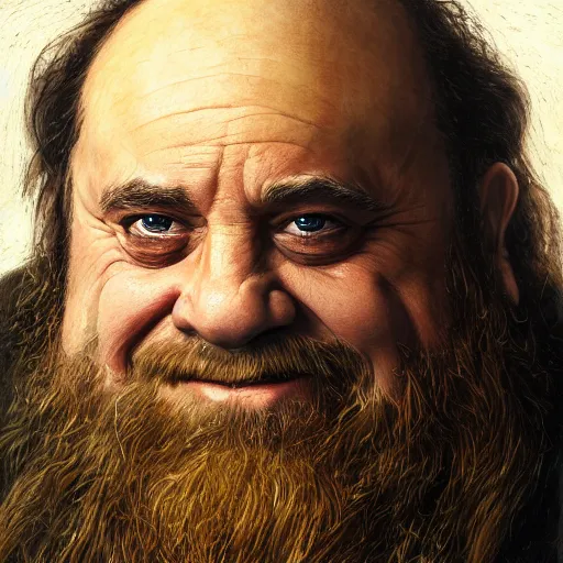 Image similar to portrait of danny devito as gimli, by alan lee, lord of the rings calendar, smooth, detailed terrain, oil painting, matte painting, concept art, trending on artstation, promotional artwork, film still, elegant, photorealistic facial features, intricate, detailed face, cinematic lighting