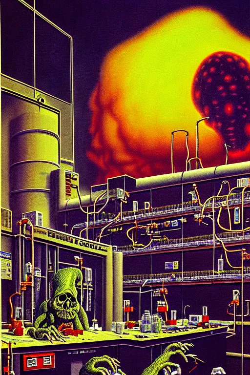 Image similar to a hyperrealistic detailed painting of a code red emergency at the nuclear power plant, radioactive chimeric radiation monster eating the laboratory, action horror by chris cunningham and richard corben, highly detailed, vivid color,