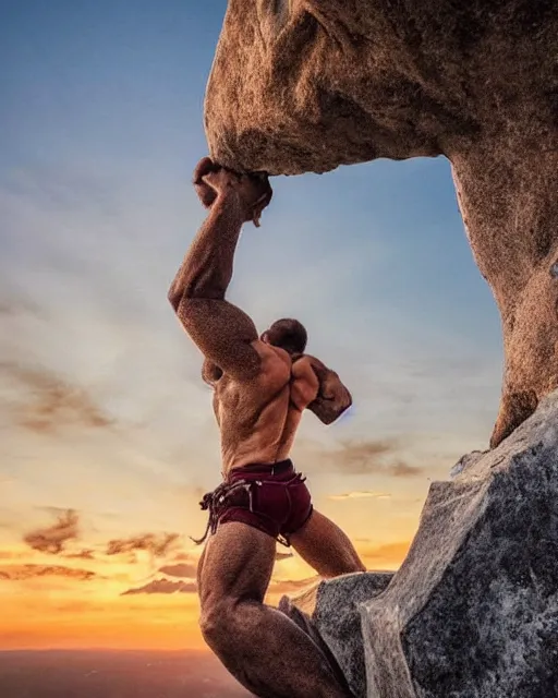 Image similar to climbing the belly of a giant monster, abdominal muscles like a rock wall, scaling a colossus, looking up at the tiny human climbing the monster, gorgeous view, sunset, sunshine rays