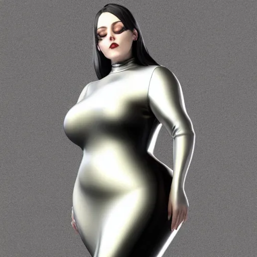 Image similar to a curvy pale goth woman wearing an elegant tight shiny dark latex high-neck dress, cgsociety, photorealistic, sublime-cool-hot-hyperadvanced, 16k, smooth, sharp focus, trending on ArtStation, volumetric lighting, fully clothed, thin waist