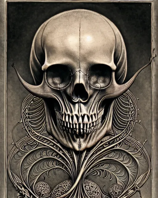 Image similar to art forms of nature by ernst haeckel, memento mori by arthur rackham, ornate antique porcelain beautiful skull mask, ultrasharp, photorealistic, hyperdetailed, octane render, polished, art nouveau, neo - gothic, gothic, intricate ornamental organic filigree, art nouveau botanicals, art forms of nature by ernst haeckel, horizontal symmetry, symbolist, visionary