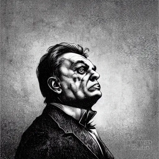 Prompt: viktor orban, creepy atmosphere, dark, portrait, realistic, very realistic, illustration by Gustave Doré