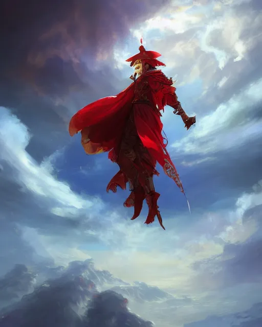 Image similar to A Full View of a Red Mage wearing magical ornate armor and a feathered hat surrounded by an epic cloudscape. Magus. Red Wizard. Fantasy Illustration. masterpiece. 4k digital illustration. by Ruan Jia and Mandy Jurgens and Artgerm and greg rutkowski and Alexander Tsaruk and WLOP and Range Murata, award winning, Artstation, art nouveau aesthetic, Alphonse Mucha background, intricate details, realistic, panoramic view, Hyperdetailed, 8k resolution, intricate art nouveau