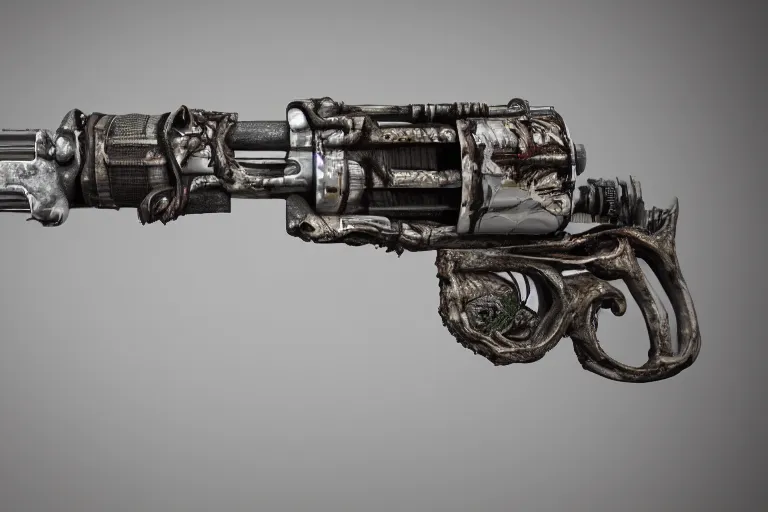 Image similar to a bionical revolver made from the rotten flesh and bones, perfect studio light, hypnotic, mind - bending, incomprehensible, 8 k, 3 0 mm lens, epic studio shot, ultra detailed, object photoshooting, octane render