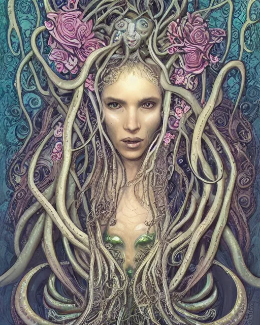 Prompt: centered beautiful detailed front view portrait of a woman with ornate tentacles growing around, ornamentation, flowers, elegant, beautifully soft lit, full frame, by wayne barlowe, peter mohrbacher, kelly mckernan, h r giger