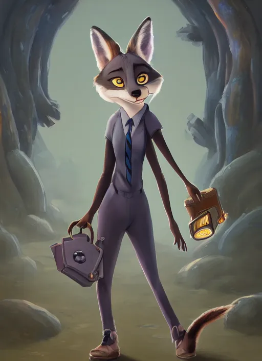 Image similar to oil painting of detailed full body of anthromorphic female wolf, in style of zootopia, zootopia, zootopia, fursona, furry, furaffinity, 4 k, deviantart, furry art, fursona art, wearing black business suit, business suit, in style of zootopia, wolf fursona, cyberpunk, female, expressive detailed feminine face,