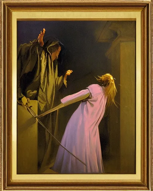 Image similar to a baroque painting of a girl meeting the devil in the rain at night, 1 9 7 0 s, seventies, wallpaper, delicate embellishments, painterly, offset printing technique, by brom, robert henri, walter popp