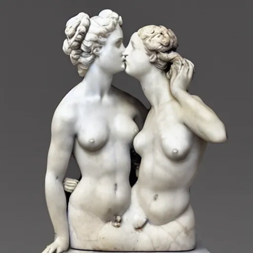 Image similar to sculpture of venus de milo and aphrodite kissing, hyperrealistic style in carrara marble
