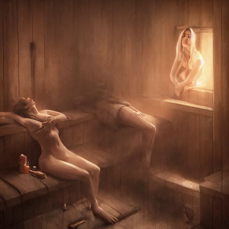 Image similar to woman relaxing in sauna, 3 d render, dark art, highly detailed, intricate, artgerm, greg rutkowski