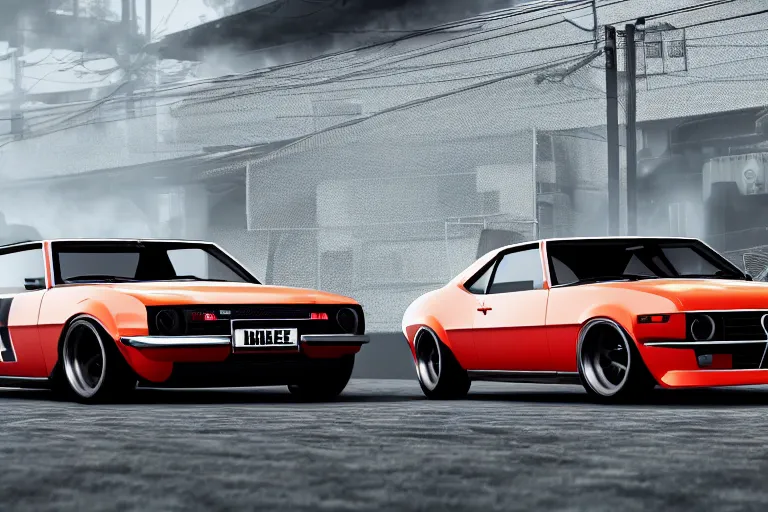 Image similar to audi camaro b 1 ( 1 9 6 9 ) drifting, need for speed : carbon, neon lines, ultra phonk, phonk music background, smoke behind wheels, noise, dark, establishing shot, through the streets of riften