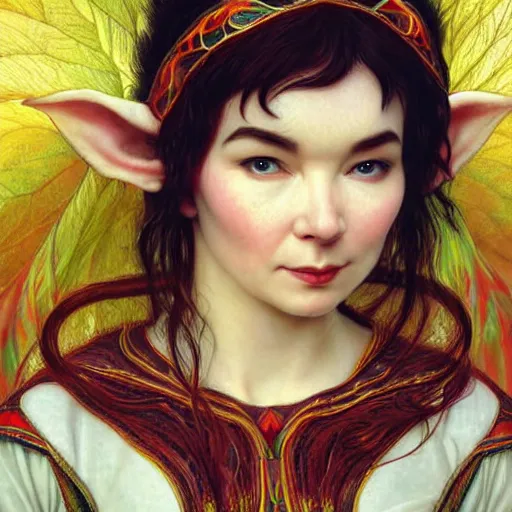 Image similar to portrait of bjork as dmt elf, 8 k highly detailed, sharp focus, illustration, art by artgerm, mucha, bouguereau