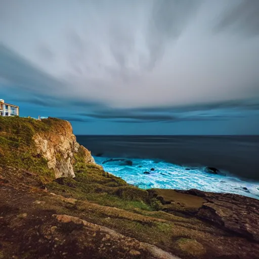 Image similar to night, blue hour, early night, deep blue atmosphere, overcast, low light, sundown, scattered islands, sea, ocean, low pressure system, cloud with eye, very windy, late evening, distant hotel retreat on cliffside, shining lights on cliff side, polaroid photograph