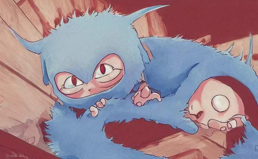 Image similar to the cute demon baby awoke from its slumber beneath the bed frame, digital painting masterpiece, haunting beautiful brush strokes, painted by Moebius and Hayao Miyazaki and Akira Toriyama