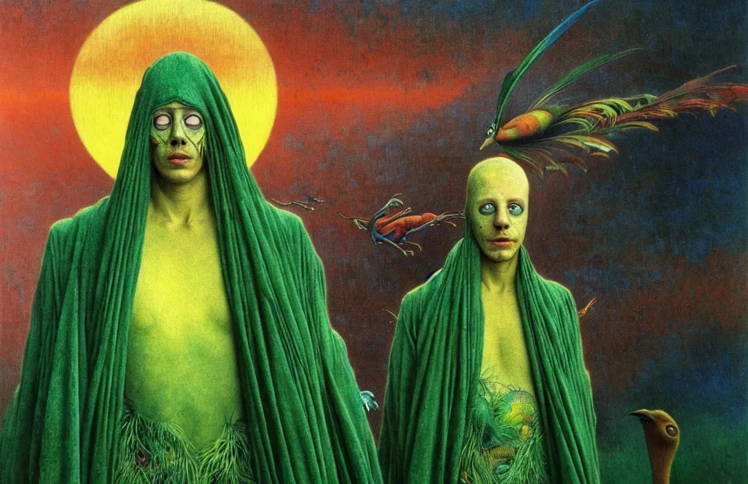 Image similar to realistic detailed portrait movie shot of a birdman wearing green ragged robes, sci fi city sunset landscape background by denis villeneuve, amano, yves tanguy, alphonse mucha, ernst haeckel, max ernst, roger dean, masterpiece, rich ethereal colours, feathers, creepy, occult, blue eyes