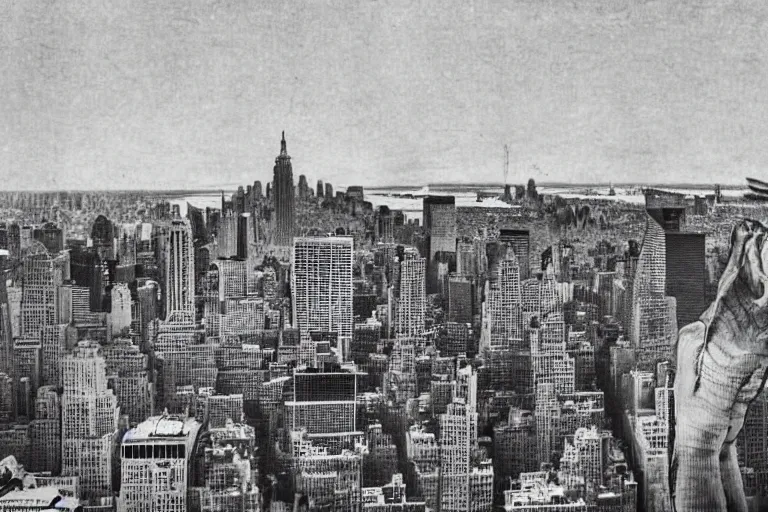 Image similar to old halftone newspaper photograph of a giant snake attacking new york city skyline