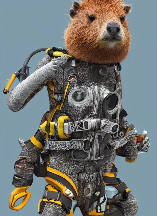 Image similar to detailed full body concept art illustration oil painting of an anthropomorphic capybara scuba-diver in full intricate clothing by Diane Whitehead, biomutant, ultra detailed, digital art, octane render