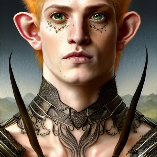 Image similar to portrait painting of a young elven man with a soft face and short light orange hair and tribal tattoos on his face wearing fur armor, ultra realistic, concept art, intricate details, eerie, highly detailed, photorealistic, octane render, 8 k, unreal engine. art by artgerm and greg rutkowski and charlie bowater and magali villeneuve and alphonse mucha