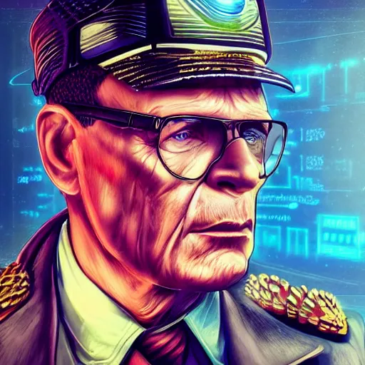 Prompt: a portrait of a cyborg josip broz tito. vaporwave, intricate, epic lighting, cinematic composition, hyper realistic, 8 k resolution, unreal engine 5, by artgerm, tooth wu, dan mumford, beeple, wlop, rossdraws, james jean, marc simonetti, artstation