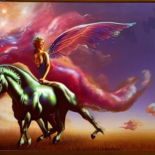 Prompt: an iridescent unicorn with translucent wings eating in a field of marijuana, nebulas is in the sky, oil painting by boris vallejo, concept art, highly detailed, high quality, 8 k,