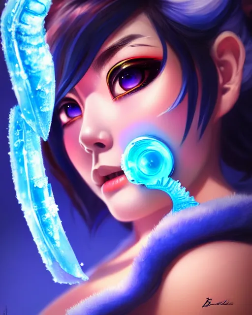 Image similar to mei from overwatch, elegant, icy, cold, ice, colorful, fantasy, fantasy art, character portrait, portrait, close up, highly detailed, intricate detail, amazing detail, sharp focus, vintage fantasy art, vintage sci - fi art, radiant light, caustics, by boris vallejo