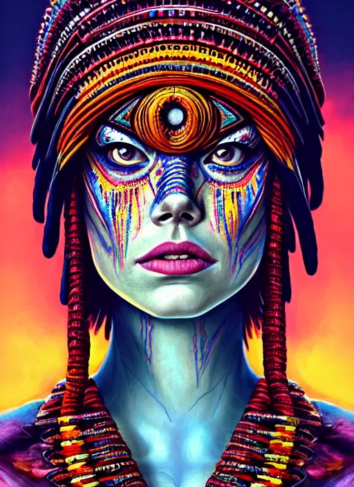 Image similar to portrait of emma stone, hyper detailed ultra sharp aztec shaman warrior. trending on artstation, warpaint aesthetic, bloodwave, colorful, psychedelic, ornate, intricate, digital painting, concept art, smooth, sharp focus, illustration, art by artgerm and greg rutkowski and h. r. giger, 8 k