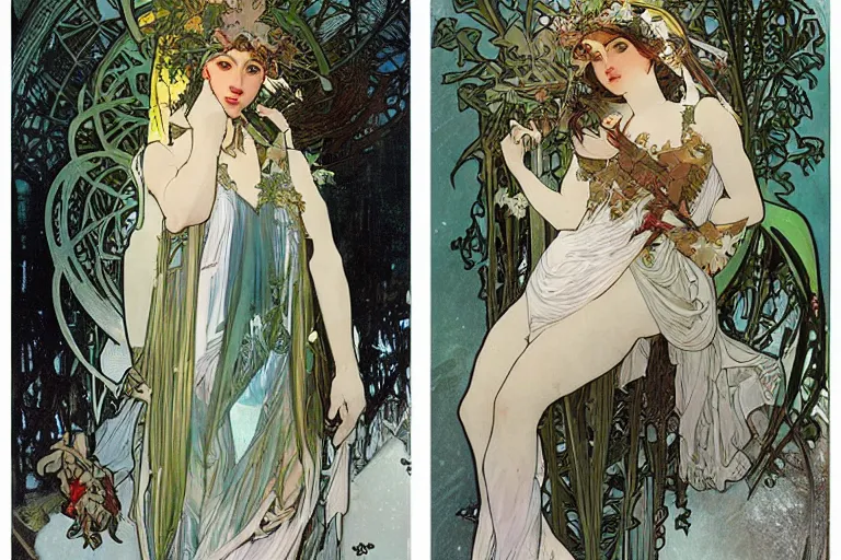 Prompt: Winter goddess by alphonse mucha, john berkey, covered in graphitti by banksy, basquiat, cleon peterson, dramatic cinematic lighting, manicured solarpunk greenery, high fashion futuristic people walk past