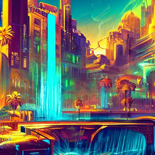 Prompt: neon ancient egyptian cityscape with waterfalls,retrowave art,digital art,trending on art station