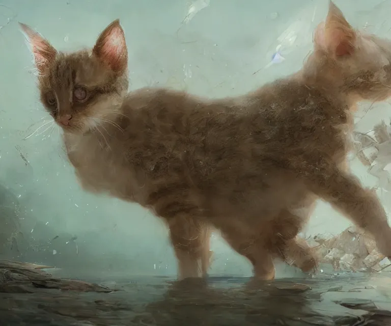 Image similar to a painting of a cute light beige brown kitten at a river. character design by cory loftis, fenghua zhong, ryohei hase, ismail inceoglu and ruan jia. volumetric light, detailed, rendered in octane