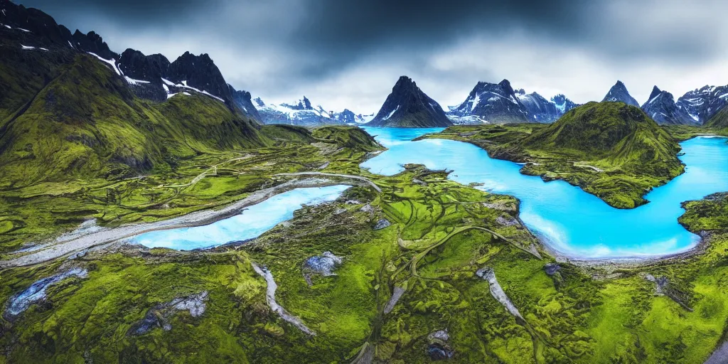 Image similar to drone shot photo of a landscape with mountains, waterfalls, wallpaper, lofoten, very very wide shot, blue glacier, iceland, new zeeland, green flush moss, national geographic, award landscape photography, professional landscape photography, sunny, day time, beautiful