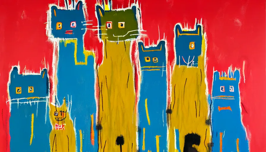 Image similar to highly detailed contemporary acrylic painting of really tall sitting cats by jean - michel basquiat, thick brush strokes and visible paint layers, dense overgrown forest background, vivid pastel color scheme