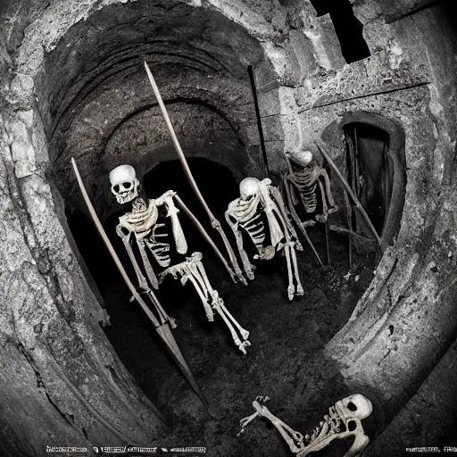 Image similar to 5 living undead skeletons emerging from a pile of brown shit and dirt in the bottom of a very dark well. swords in their hands. circular room. stone walls. bright runic symbols in wooden doors. wide angle. trending on artstation, craig mullins, gopro lens.