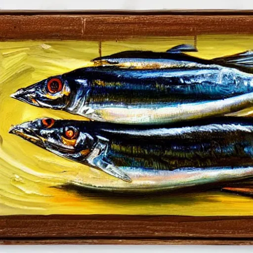 Image similar to sardines in oil on a white plate overlooking the ocean, oil on canvas, extremely detailed masterpiece